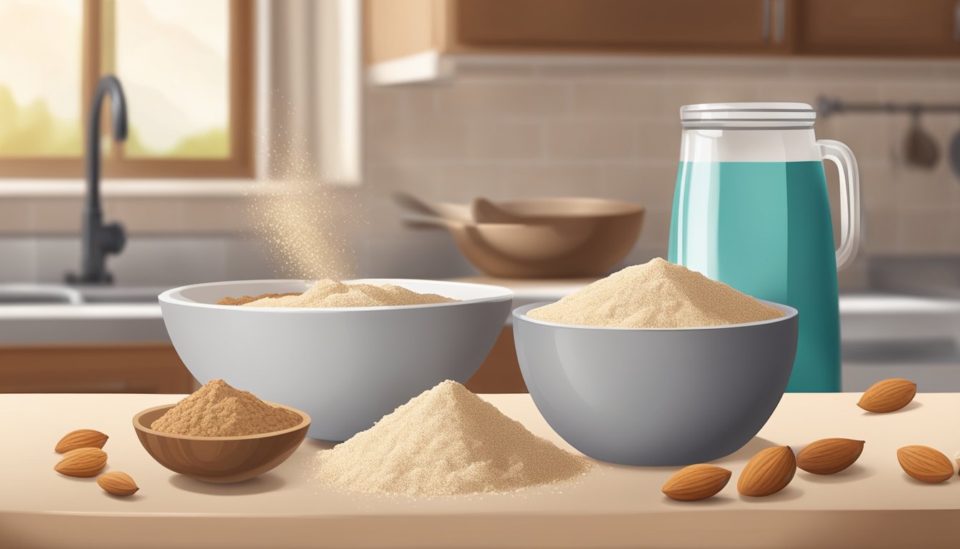 A kitchen counter with a bag of hazelnut flour next to a bowl of almond flour. A measuring cup pours hazelnut flour into a mixing bowl