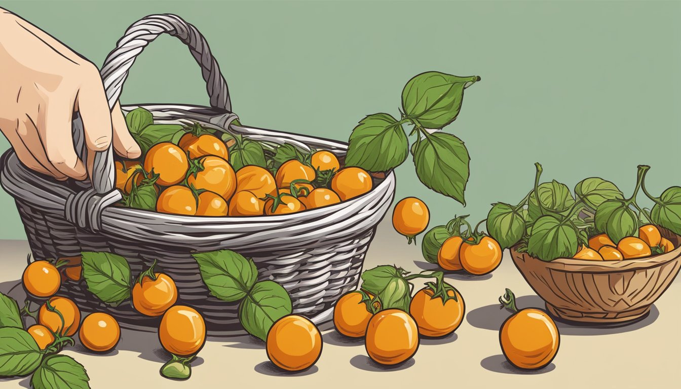 Ground cherries spilling out of a basket next to a bowl of cherry tomatoes. A hand reaching for the ground cherries