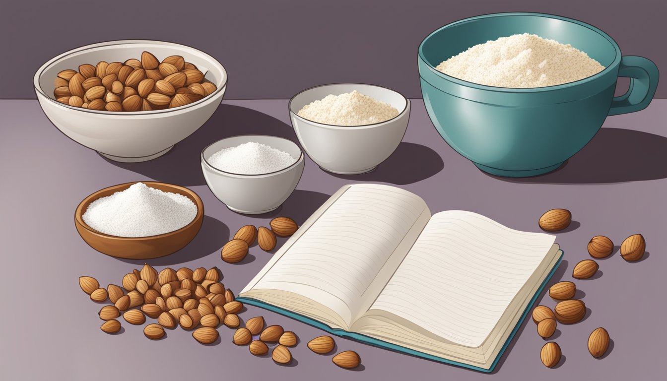 A kitchen counter with hazelnuts and almonds, a measuring cup, and a bowl of flour. A recipe book open to a page titled "Substitution Guidelines."