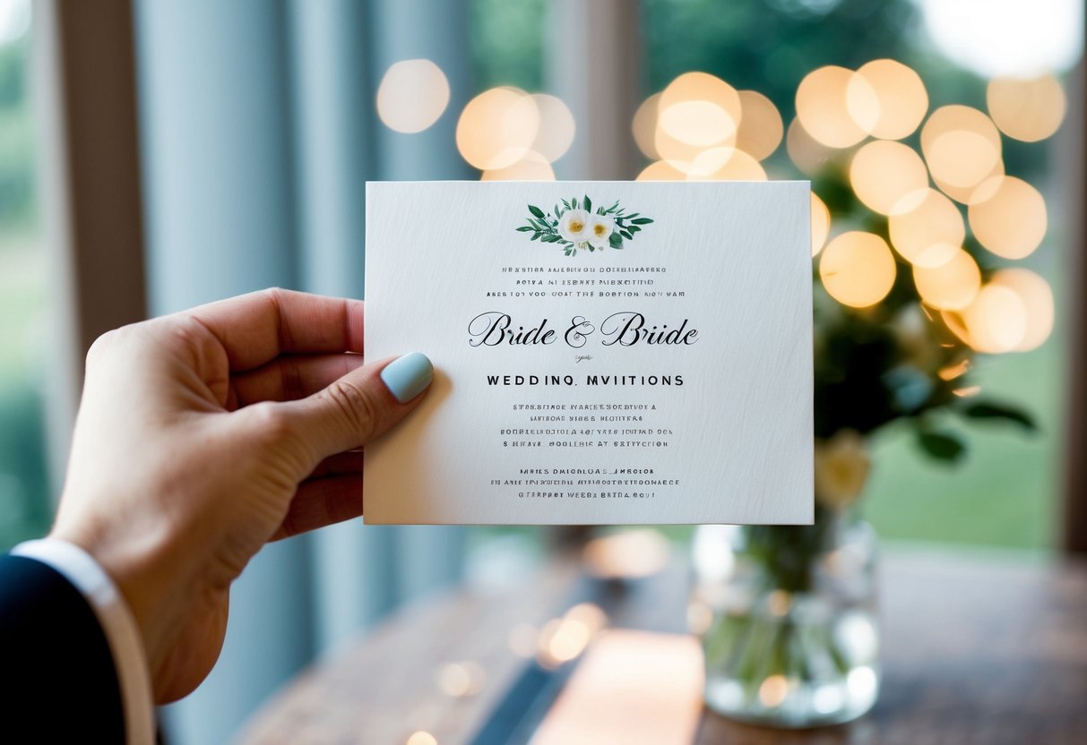 A hand holding a wedding invitation with the bride's last name printed on it