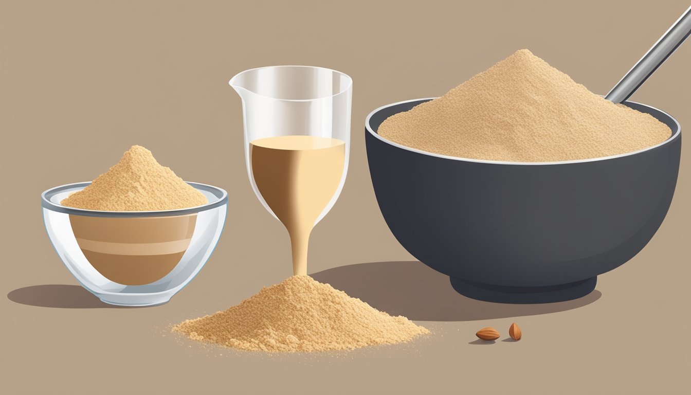 A bowl of hazelnut flour next to a bowl of almond flour, with a measuring cup pouring the hazelnut flour into a mixing bowl