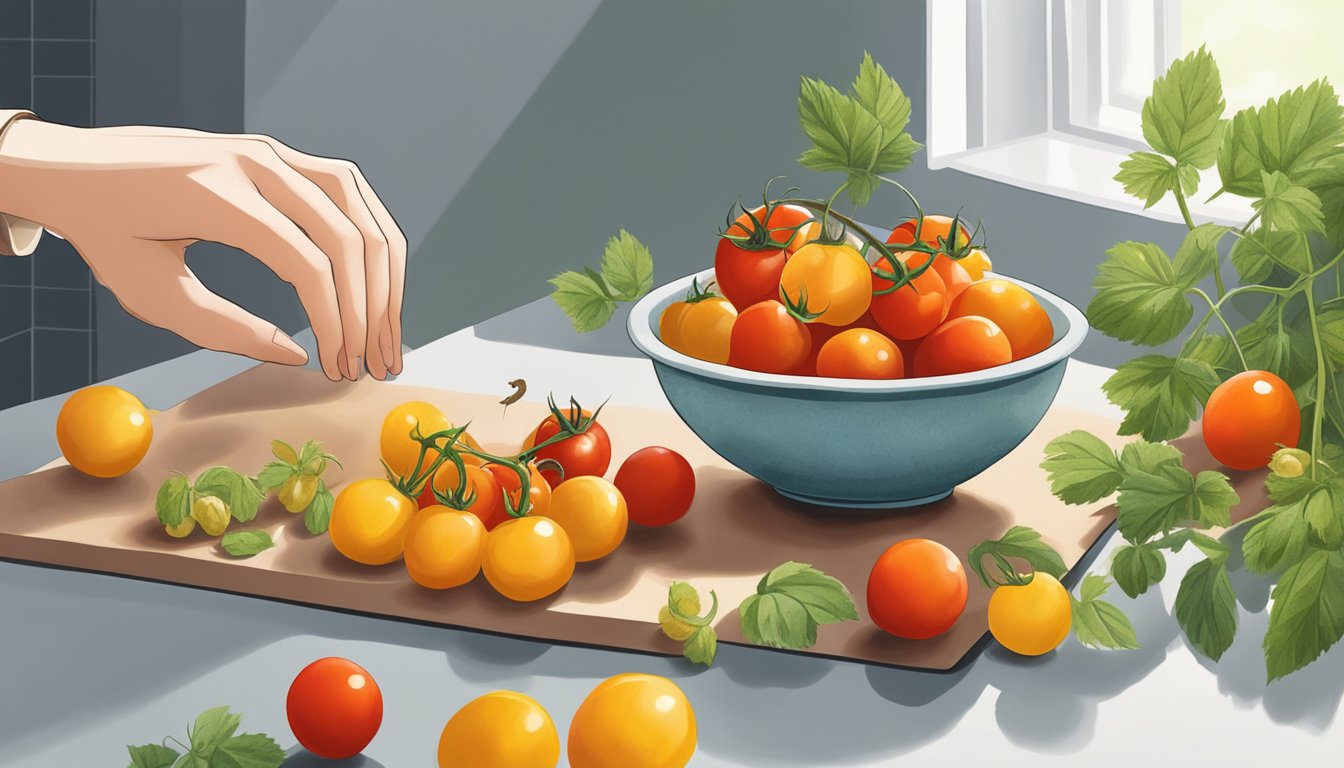 A hand reaching for ground cherries next to a bowl of cherry tomatoes on a kitchen counter