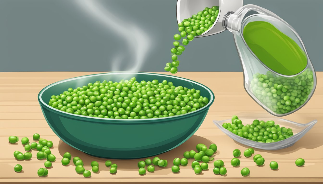 A bowl of green peas being poured into a dish previously filled with edamame, with a measuring cup and a bag of green peas nearby