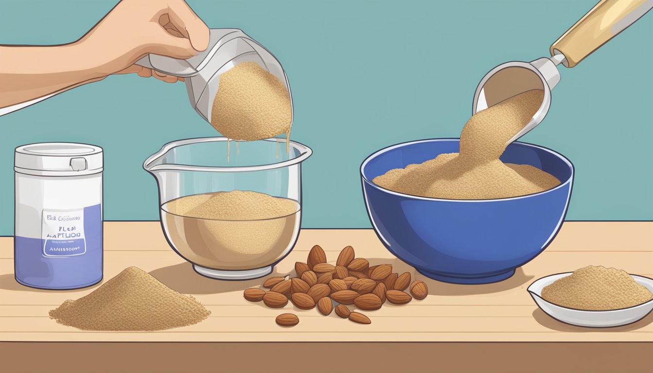 A mixing bowl with hazelnut flour being poured into it, alongside a bag of almond flour with a measuring cup