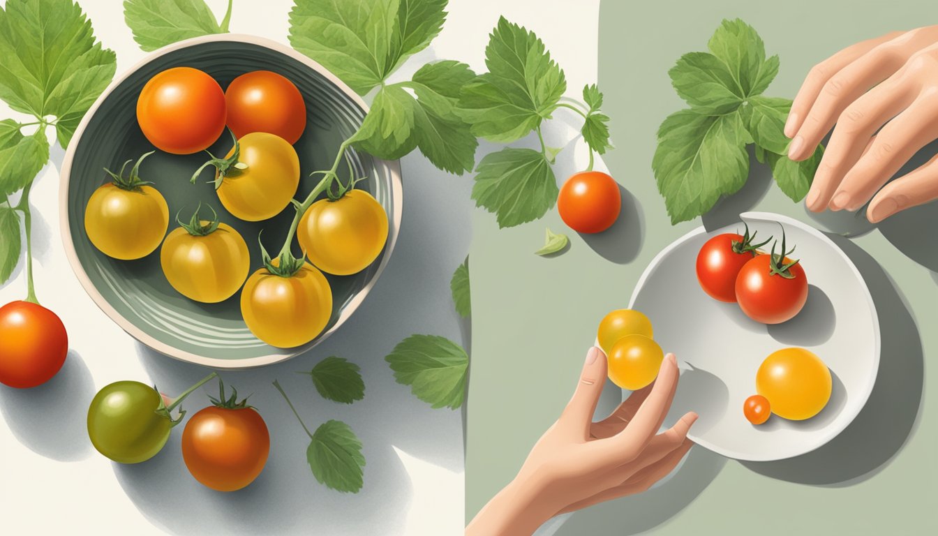 A bowl of ground cherries next to a bowl of cherry tomatoes, with a hand reaching for the ground cherries