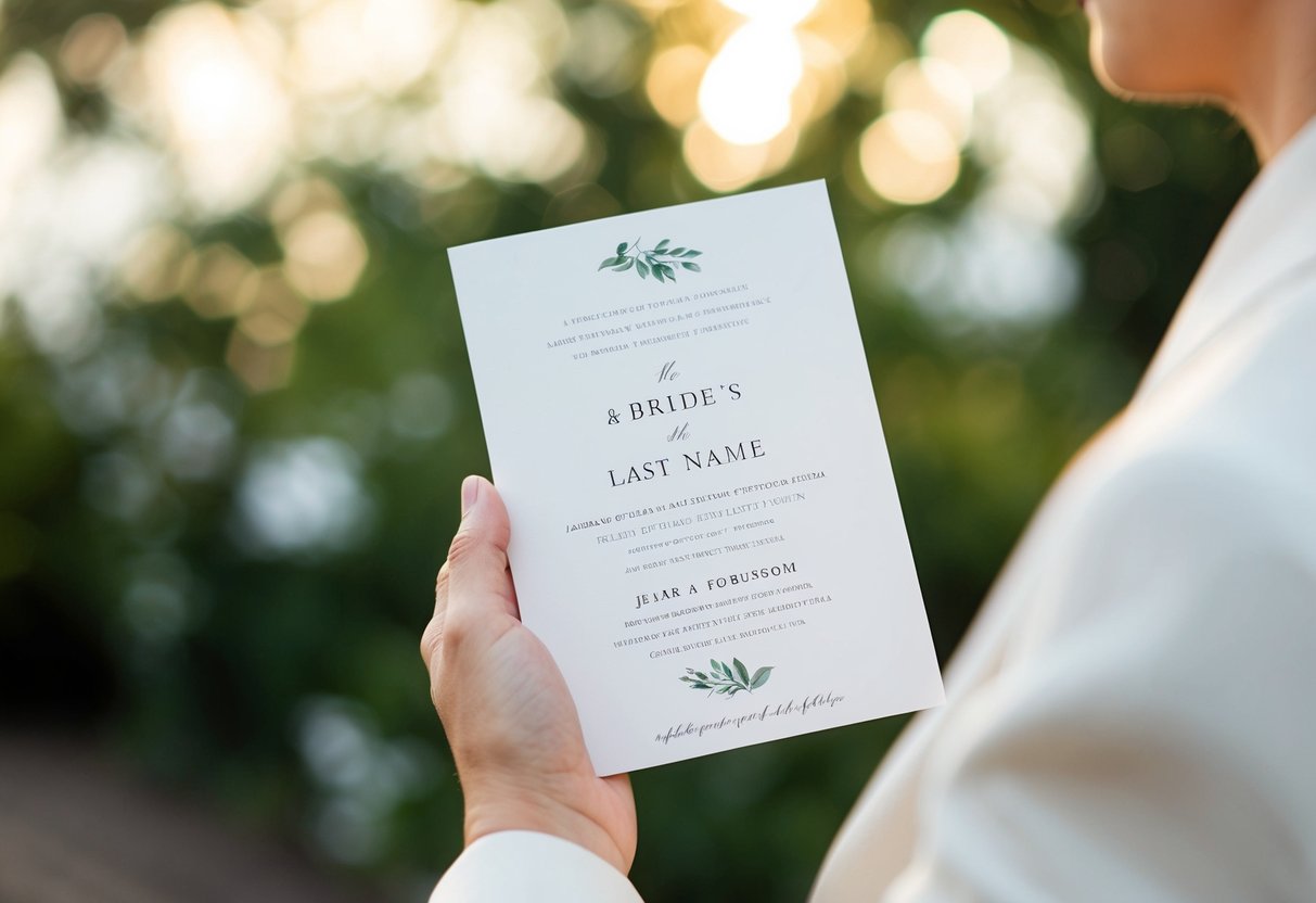 A hand holding a wedding invitation with the bride's last name prominently displayed