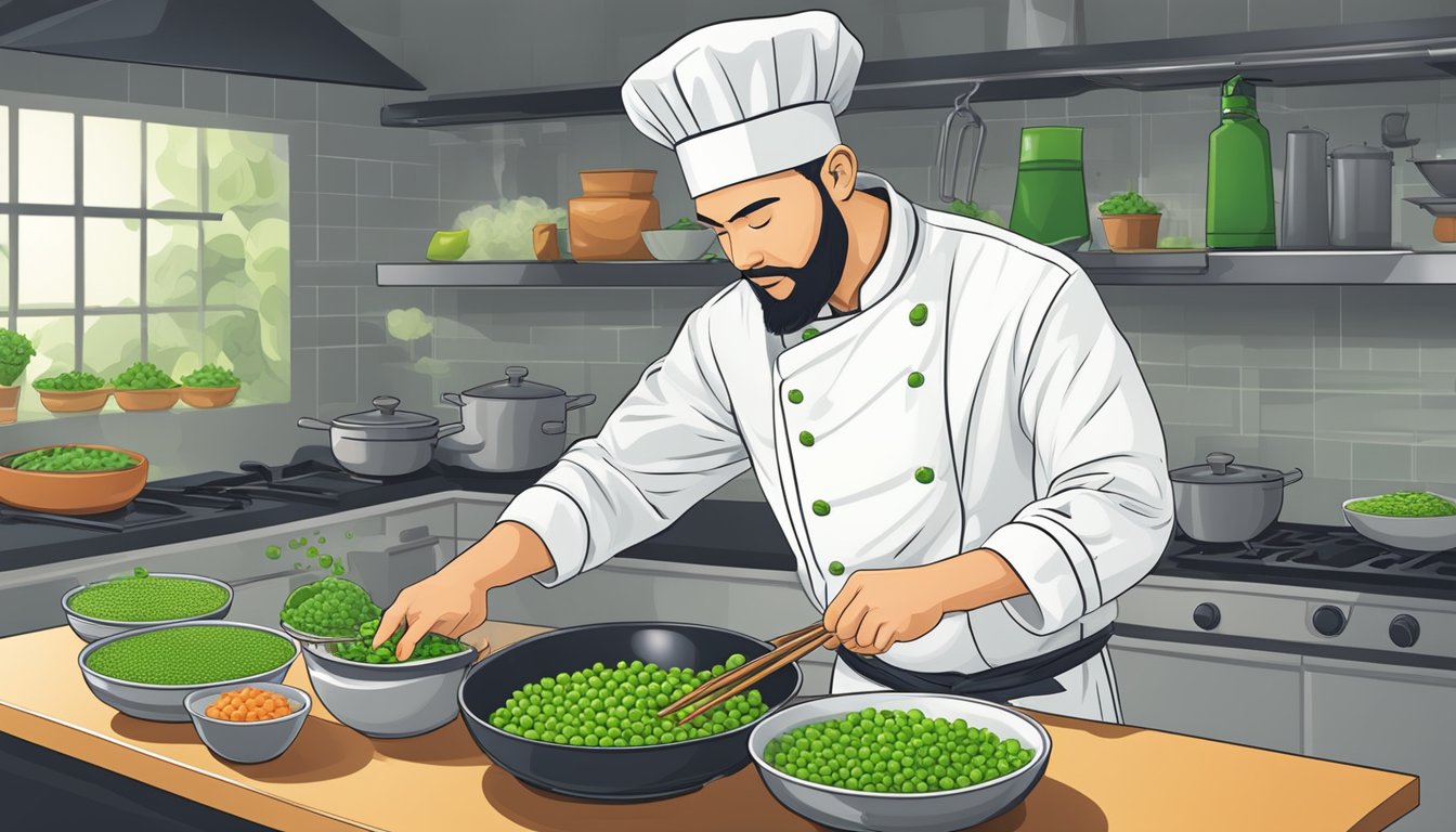 A chef swaps green peas for edamame in a stir-fry dish, carefully measuring and adding the substitute ingredient to the sizzling wok