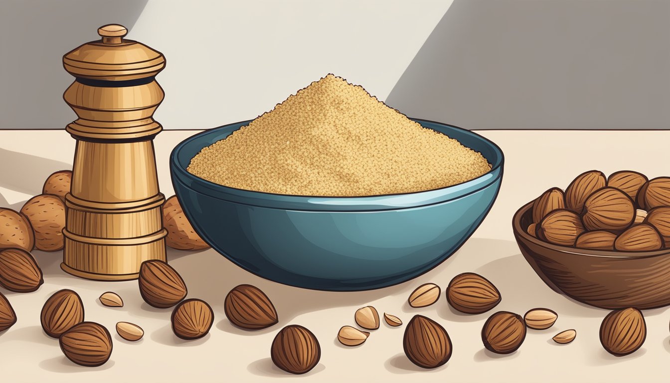 A kitchen counter with a bowl of almond flour next to a pile of whole hazelnuts and a nutcracker