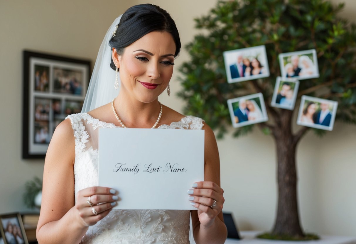 A bride holding a wedding invitation, pondering whether to include her last name. Family photos and a family tree are visible in the background