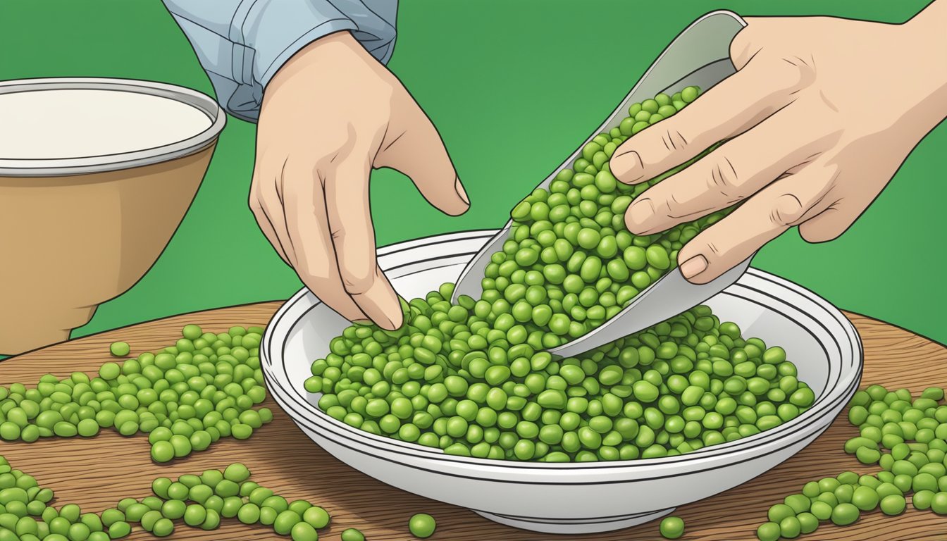 A hand reaching for a bowl of vibrant green peas, with a bag of edamame in the background