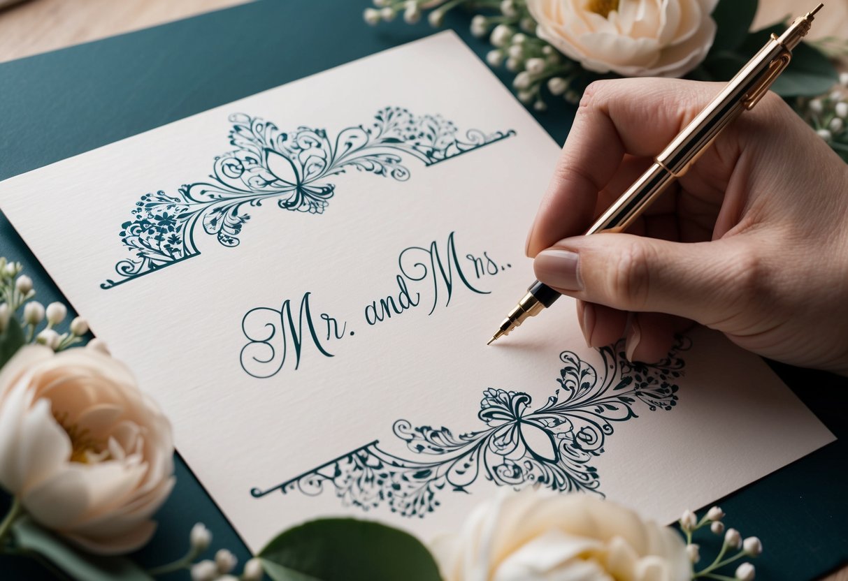 A hand holding a calligraphy pen writes "Mr. and Mrs." on an elegant wedding invitation card surrounded by floral and ornate designs