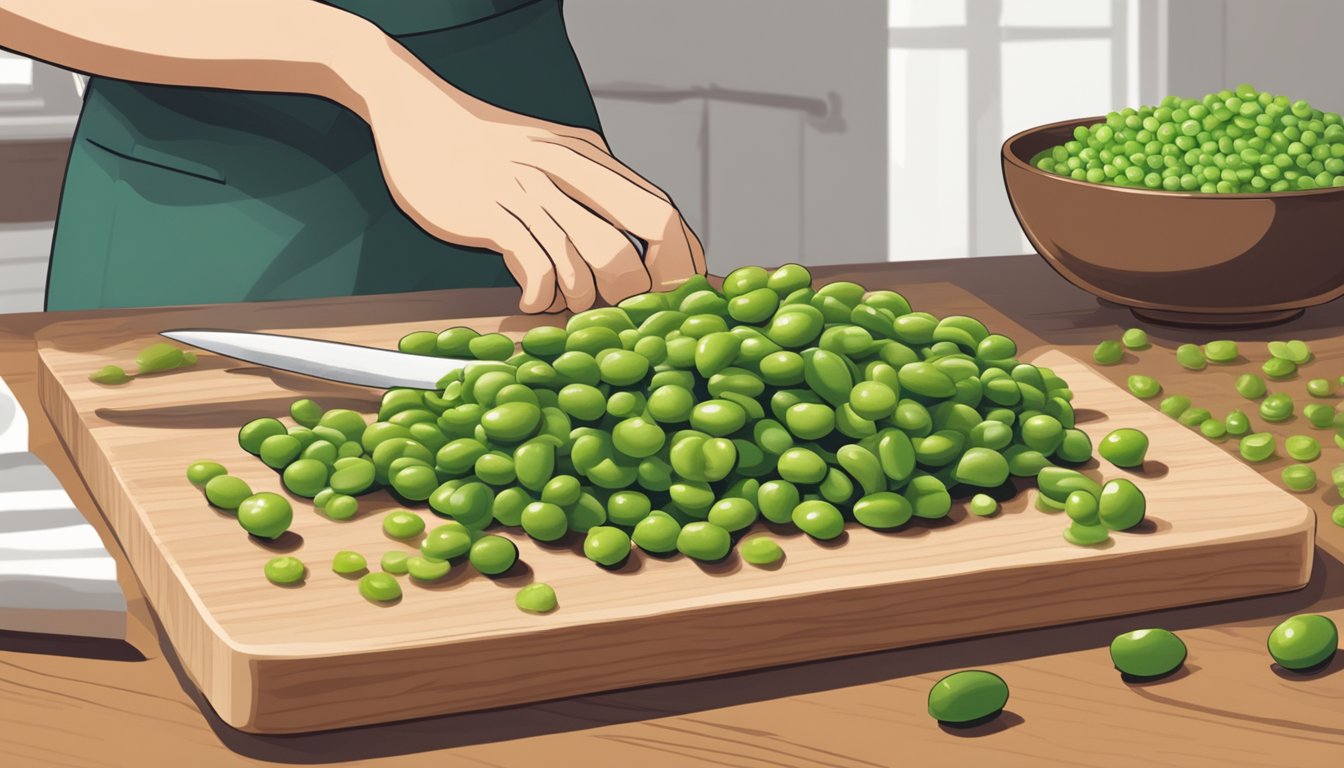 Green peas and edamame pods arranged on a cutting board, with a knife and bowl nearby. A person is shown in the background researching online