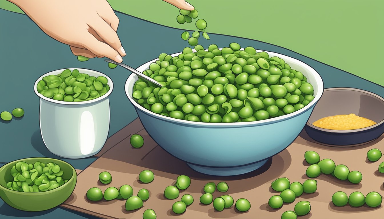 A bowl of green peas next to a bowl of edamame, with a measuring cup pouring peas into a pot