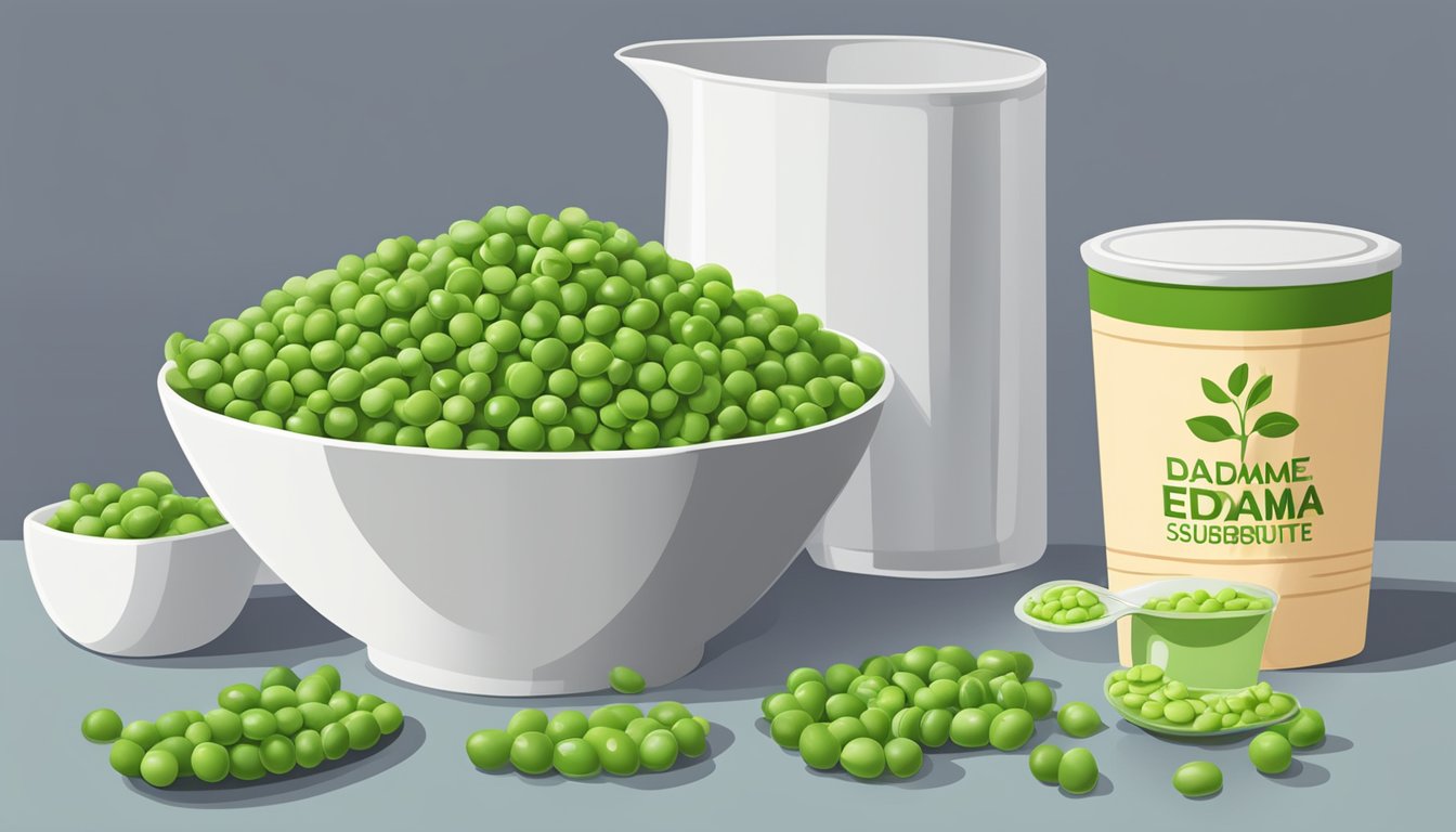 A bowl of green peas and edamame side by side, with a measuring cup pouring peas into a dish labeled "edamame substitute."