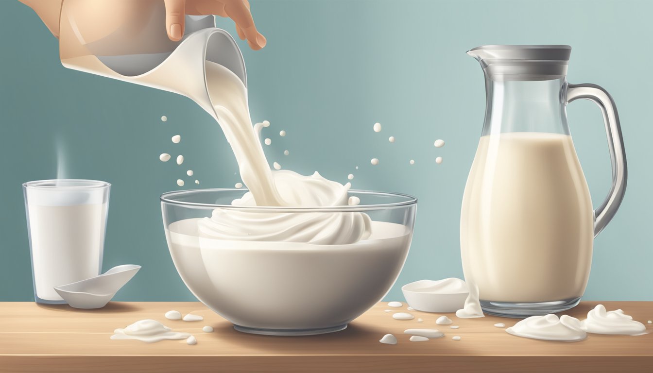 A pitcher pouring heavy cream into a mixing bowl, with a carton of milk nearby