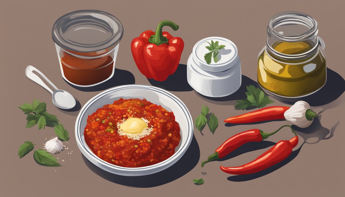 A small dish of harissa sits next to a jar of chili paste, with a measuring spoon hovering between them. Ingredients like red peppers, garlic, and olive oil are scattered around the table