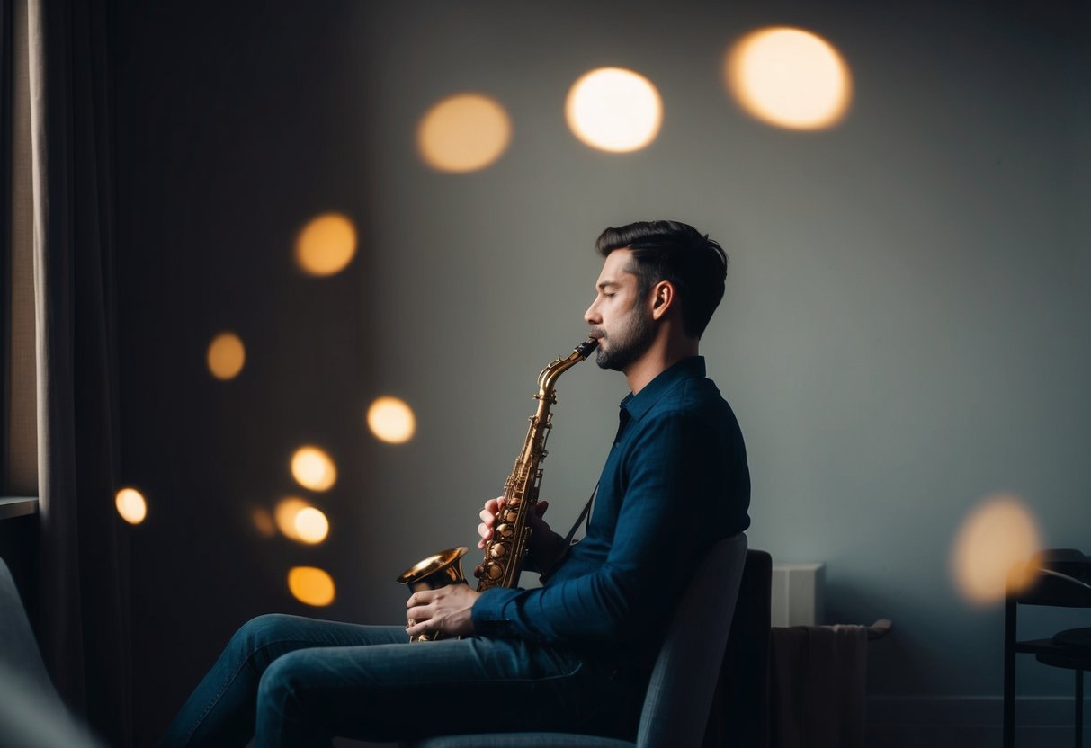 A man sits alone in a dimly lit room, lost in thought as the soulful melody of a saxophone fills the air