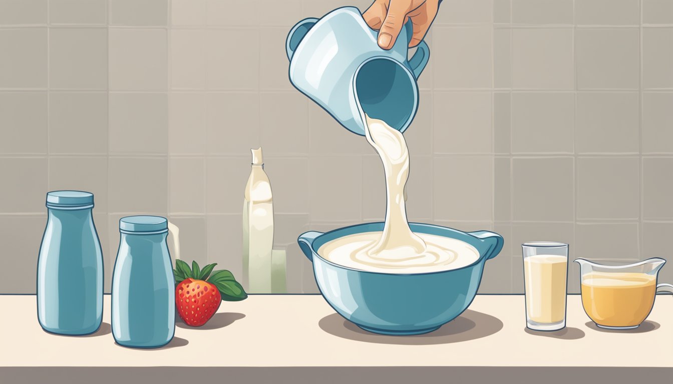 A pitcher pouring heavy cream into a mixing bowl, next to a carton of milk