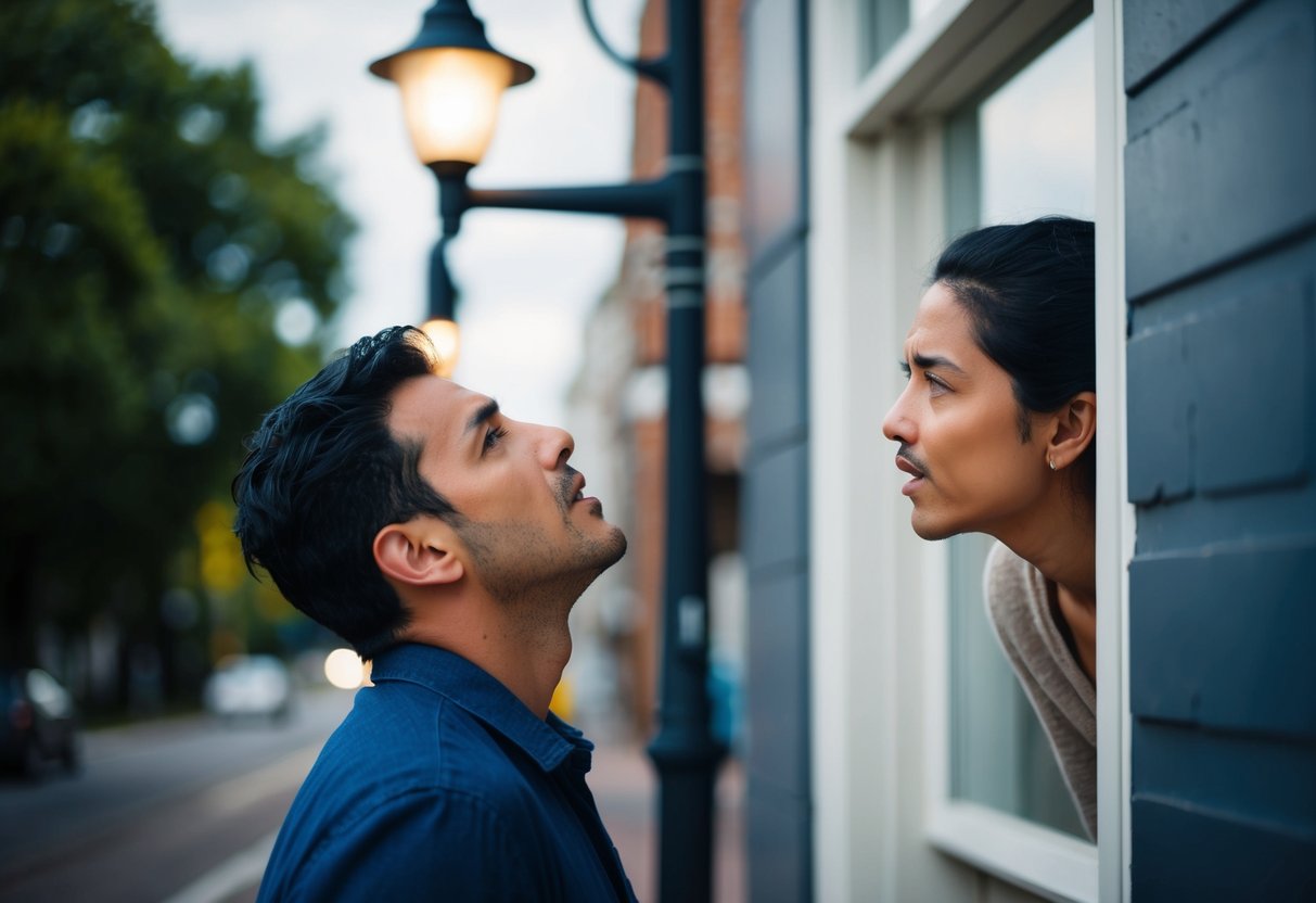 A man stands under a streetlight, gazing up at a woman in a window, with a pained expression on his face