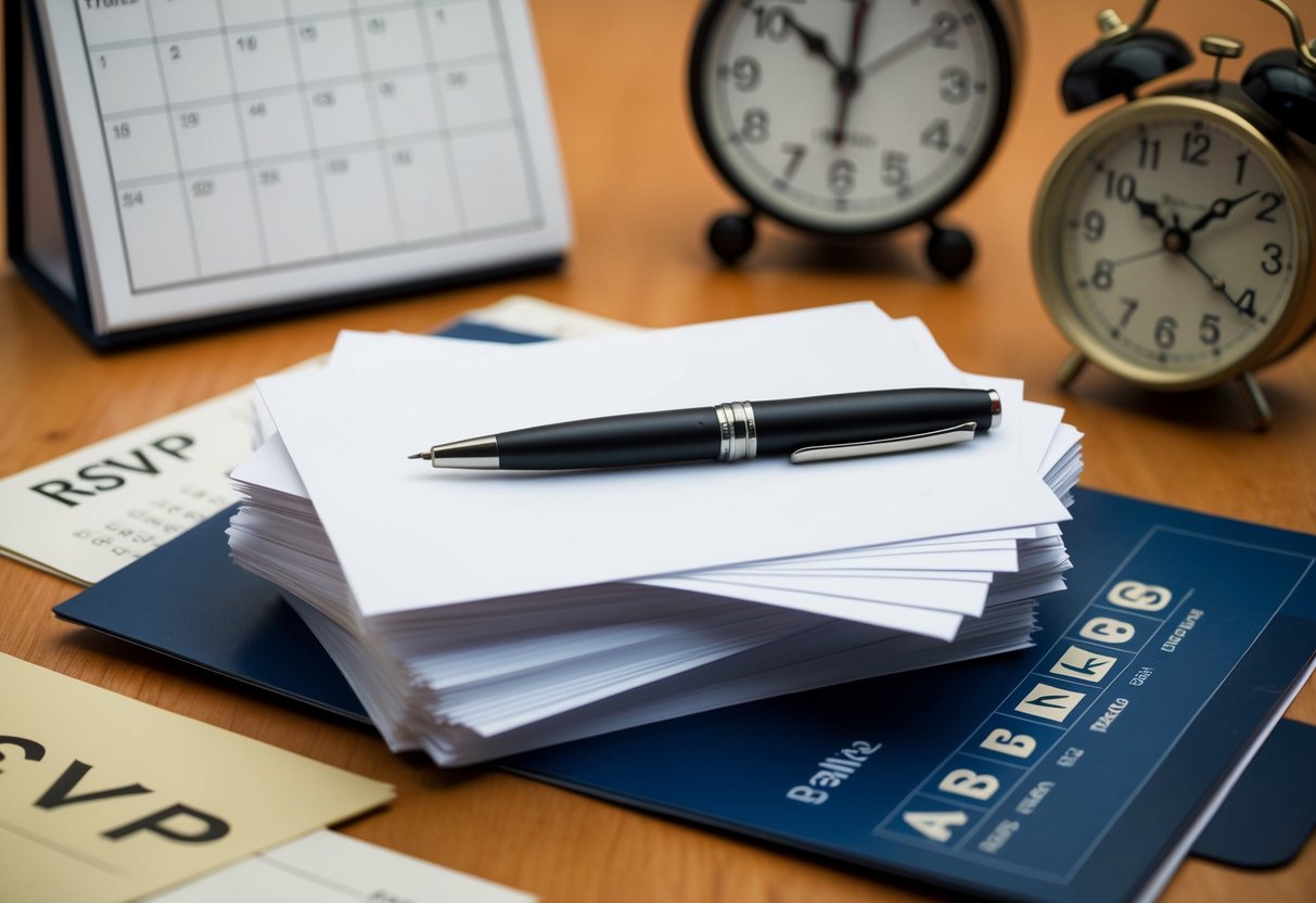 A stack of blank RSVP cards with a pen resting on top, surrounded by a calendar and clock showing a deadline