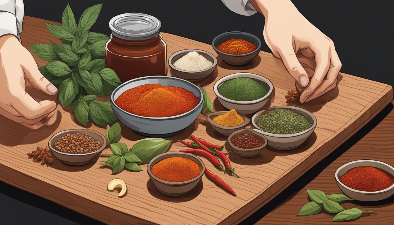 A hand reaches for a jar of harissa and a tube of chili paste on a wooden cutting board, surrounded by various spices and herbs