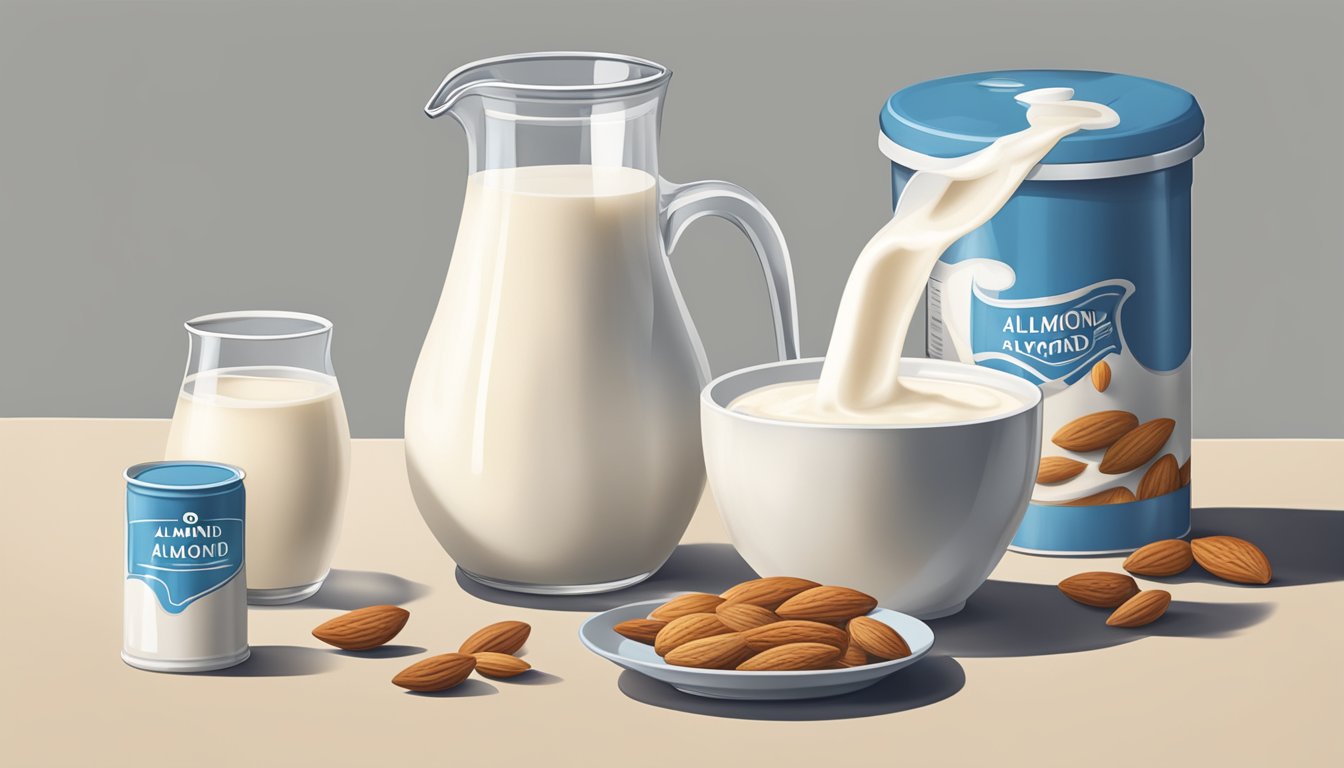 A pitcher pouring heavy cream into a mixing bowl, while a carton of milk and a container of almond milk sit nearby