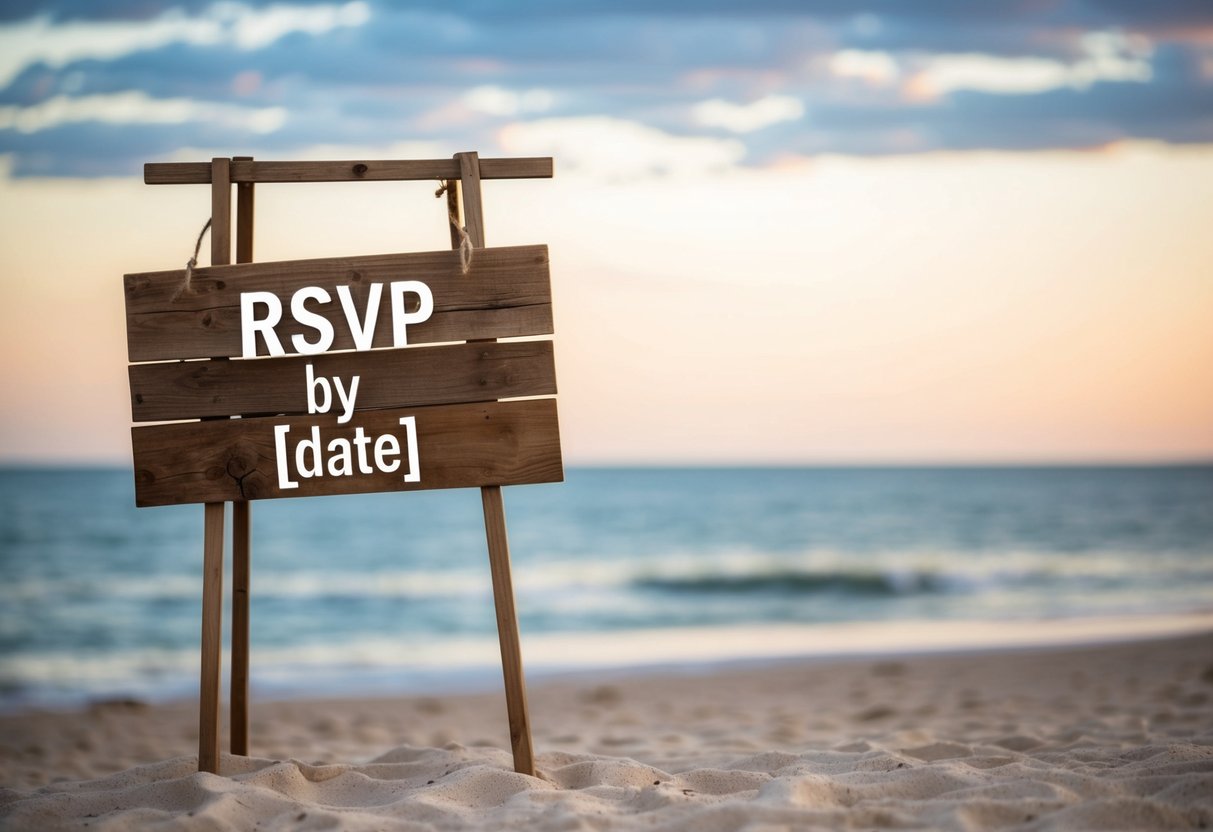 A serene beach setting with a rustic wooden sign indicating "RSVP by [date]" and a gentle ocean breeze