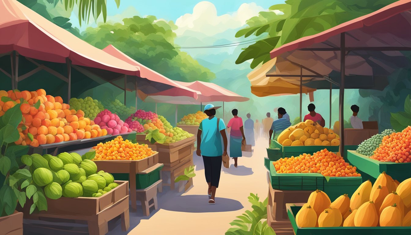 A vibrant tropical fruit market with piles of guava and papaya, surrounded by lush greenery and colorful flowers