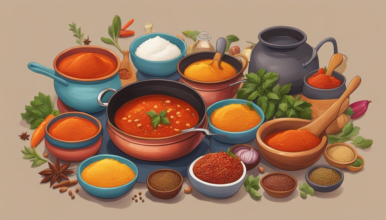 A vibrant red dollop of harissa being stirred into a bubbling pot of stew, surrounded by colorful bowls of various spices and ingredients