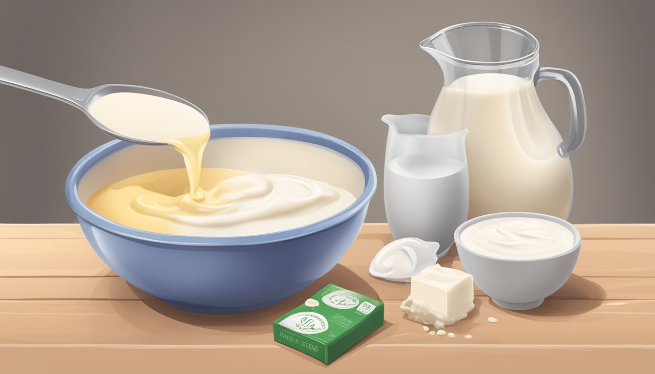 A measuring cup pouring heavy cream into a bowl of ingredients, next to a carton of milk with a substitution note beside it