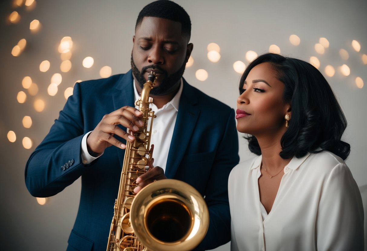 A man playing a soulful melody on a saxophone, with a woman listening intently, feeling the emotional depth of the music