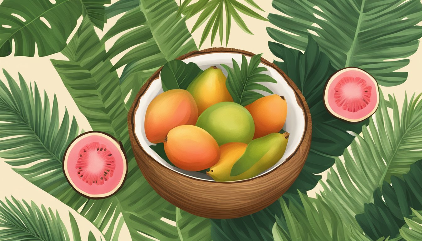 A tropical fruit bowl with guava and papaya, surrounded by palm leaves and coconuts