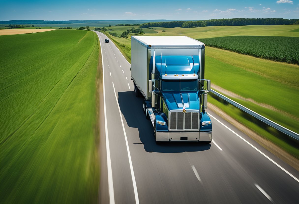 A semi truck driving smoothly on a wide highway, surrounded by green fields and clear blue skies