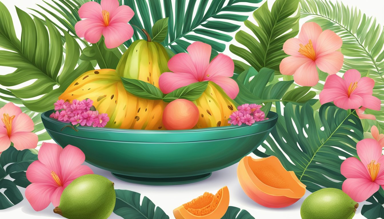 A tropical fruit bowl with guava replacing papaya, surrounded by vibrant flowers and palm leaves