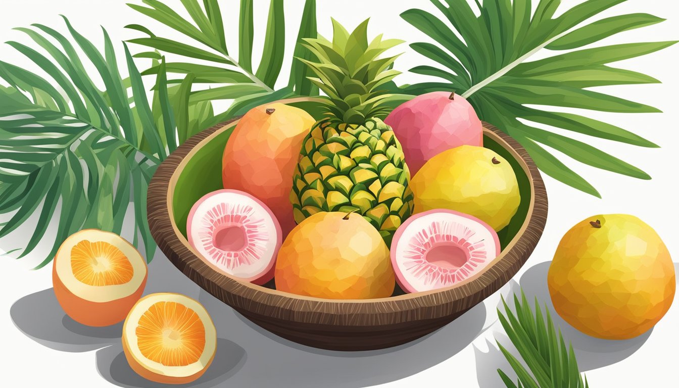 A tropical fruit bowl with sliced guava replacing papaya. Pineapple, mango, and coconut add vibrant colors