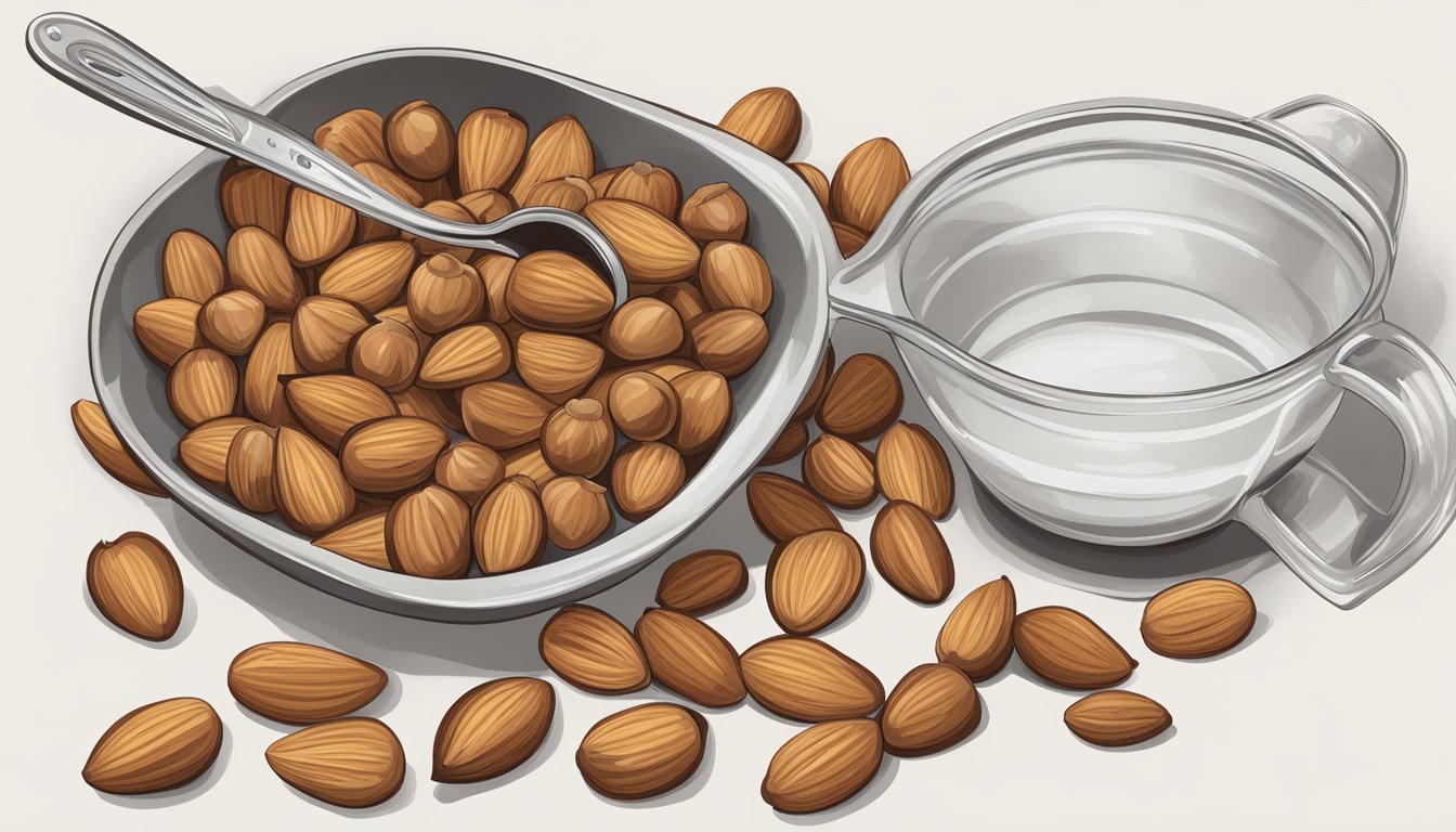 A bowl of hazelnuts and almonds with a measuring cup and spoon. A recipe book open to the page on nut profiles