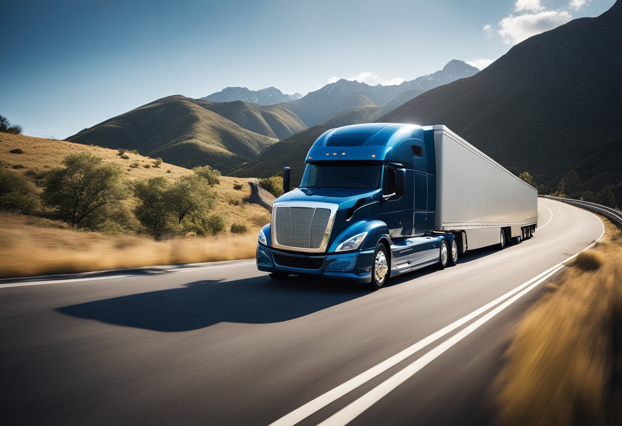 A sleek, modern semi truck navigating a winding mountain road with advanced technology visible on the exterior and interior