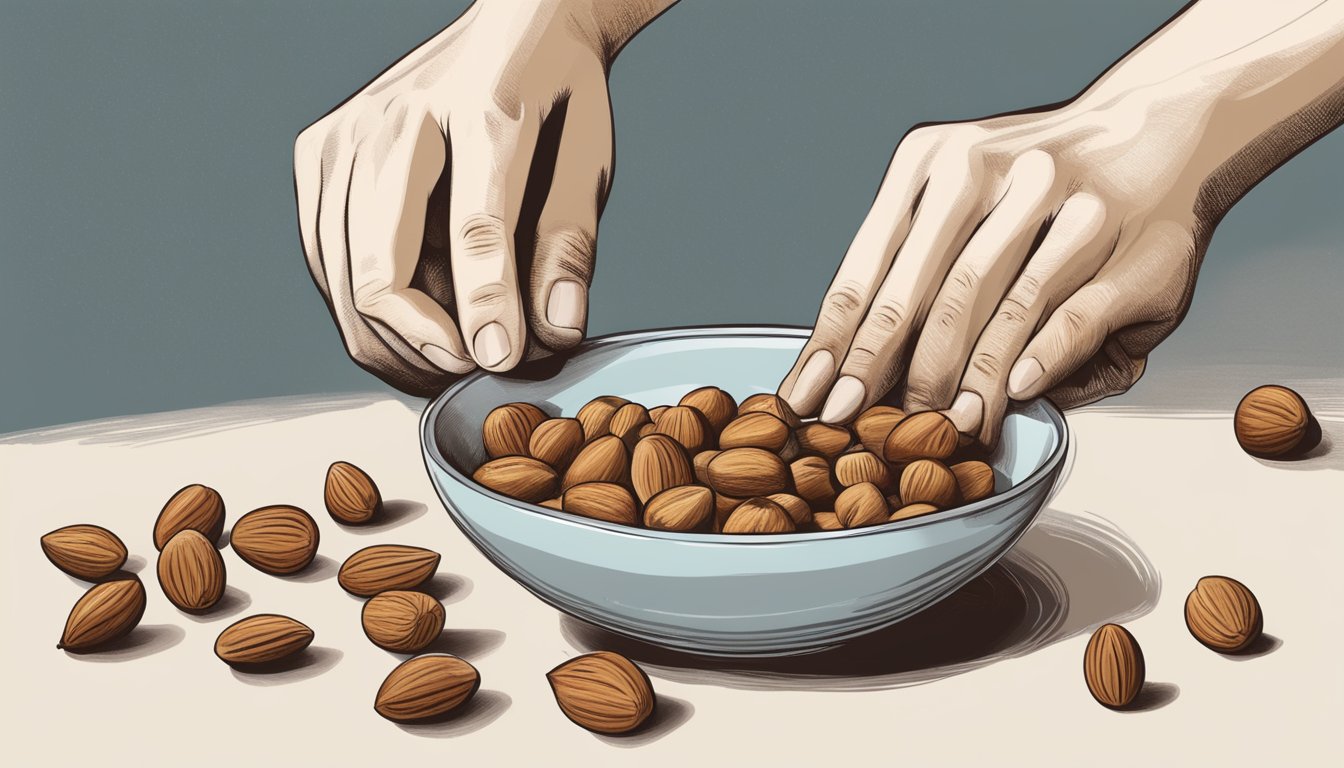 A hand reaching for hazelnuts next to a bowl of almonds