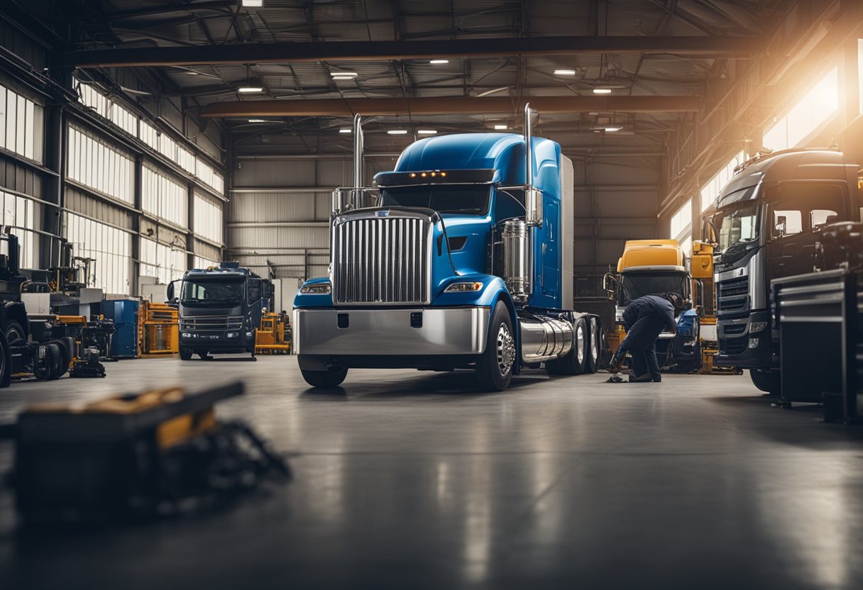 A semi-truck parked in front of a mechanic's workshop, surrounded by various tools and equipment. The mechanic is inspecting the engine while another truck waits in the background