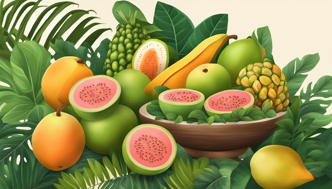 A tropical fruit bowl with guava replacing papaya, surrounded by other exotic fruits and green foliage