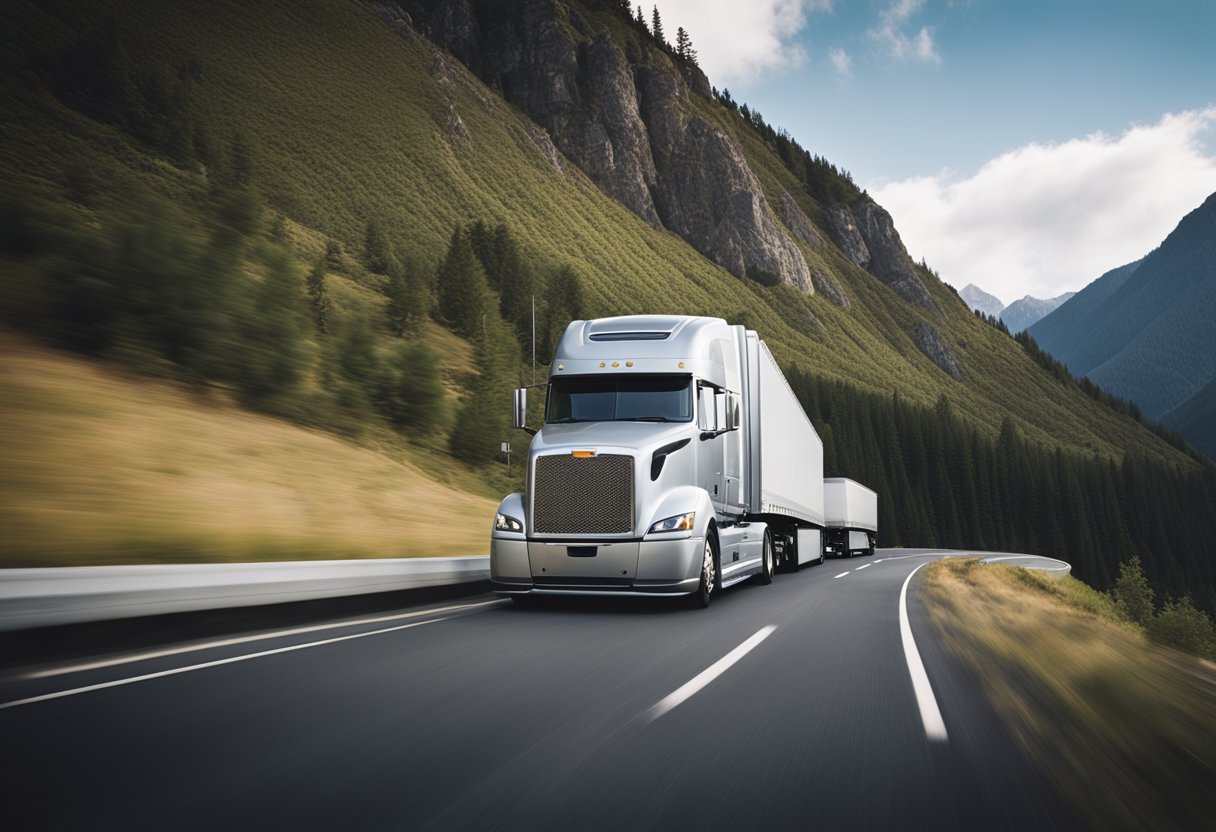 A sleek, modern semi-truck navigating a winding mountain road