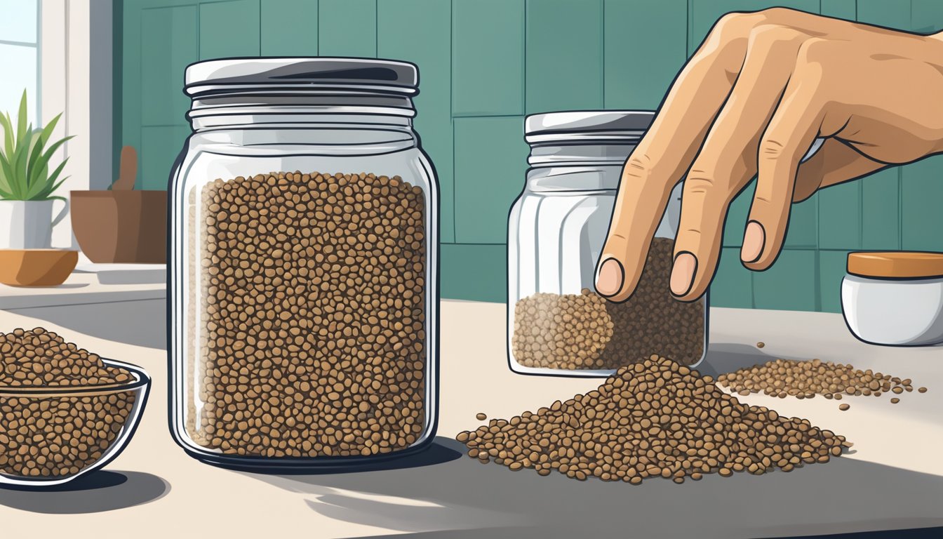 A hand reaching for a jar of hemp seeds next to a jar of flax seeds on a kitchen counter