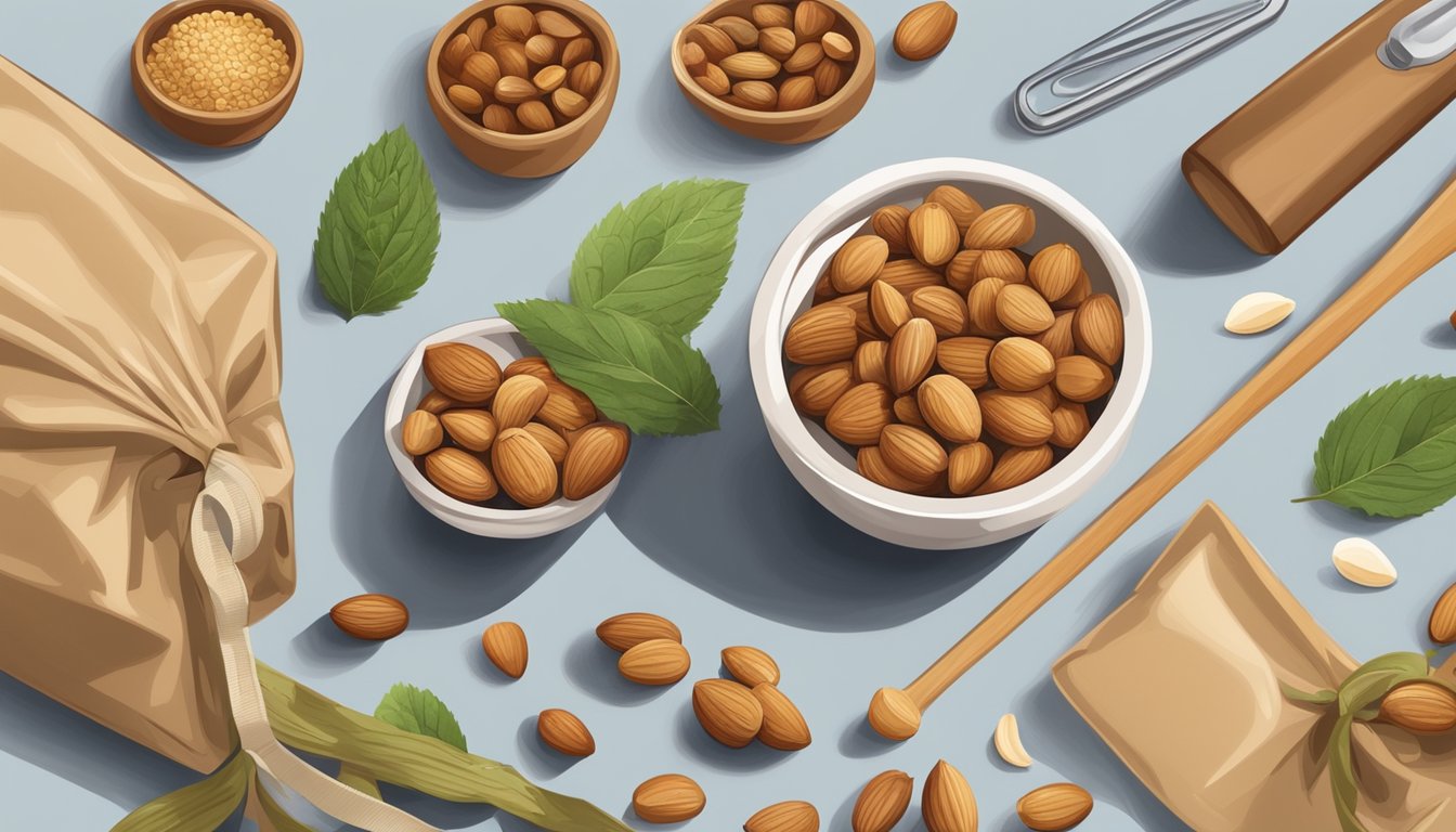 A kitchen counter with a bowl of hazelnuts next to a bag of almonds, surrounded by various alternative ingredients and measuring tools