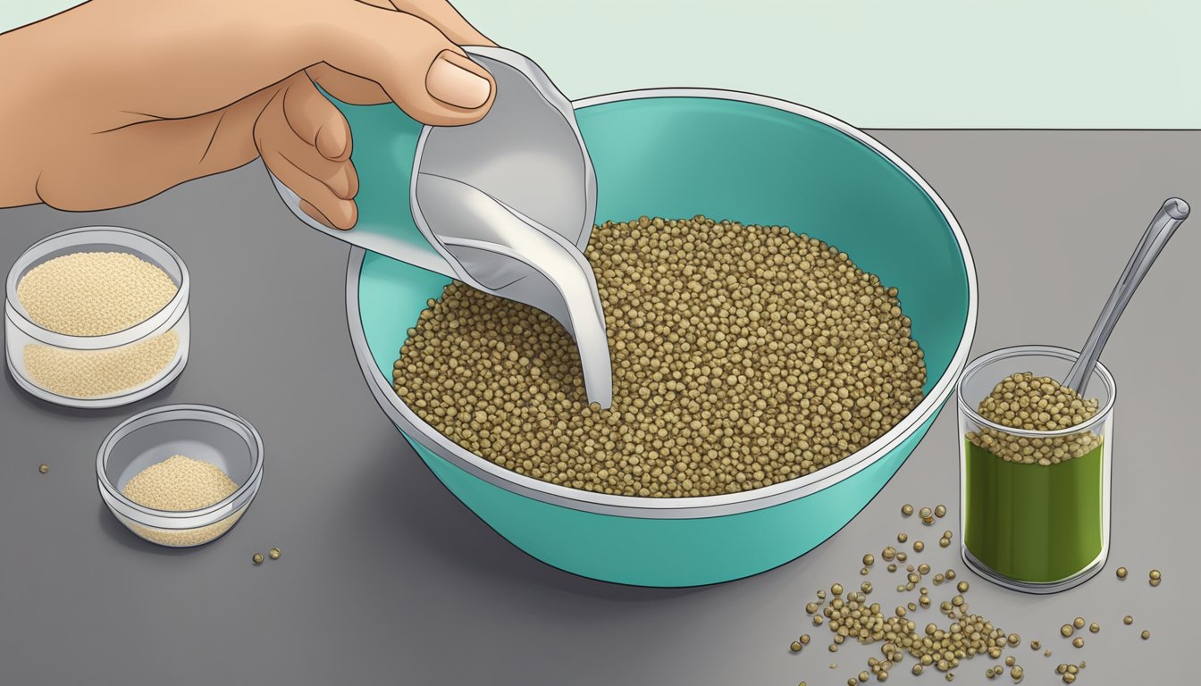 Hemp seeds pouring out of a measuring cup onto a kitchen counter