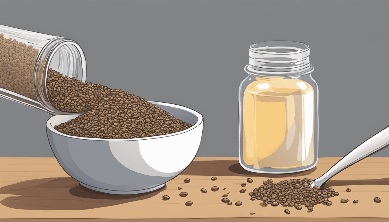 A hand pouring hemp seeds into a bowl, next to a jar of flax seeds. A measuring spoon sits nearby, ready for use