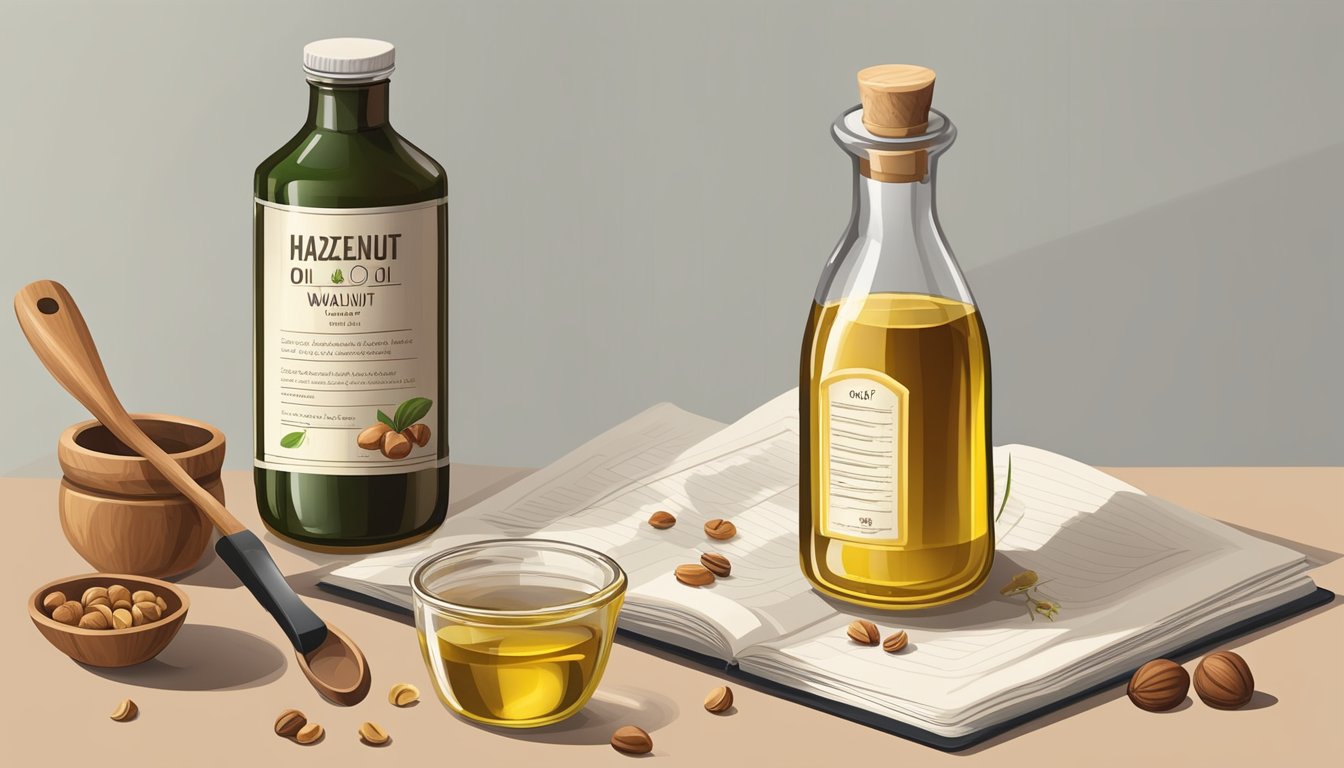 A bottle of hazelnut oil sits next to a recipe book with a jar of walnut oil. Ingredients and measuring spoons are scattered on the countertop