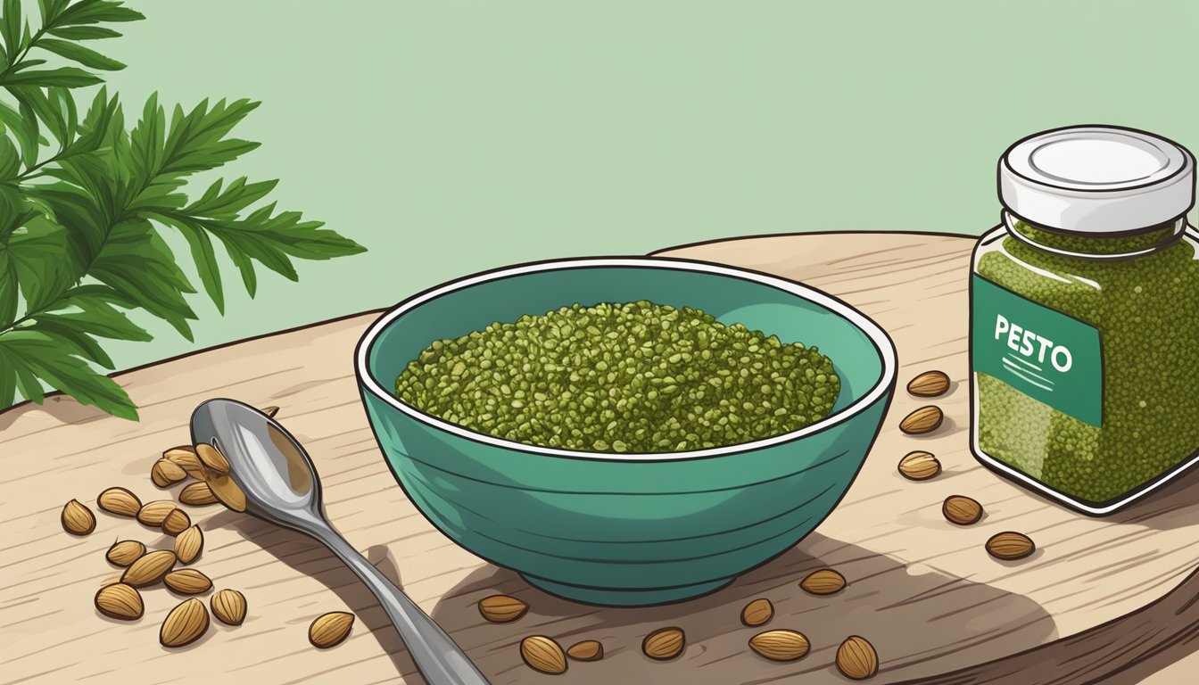 A bowl of pesto with hemp hearts sprinkled on top, next to a bag of pine nuts