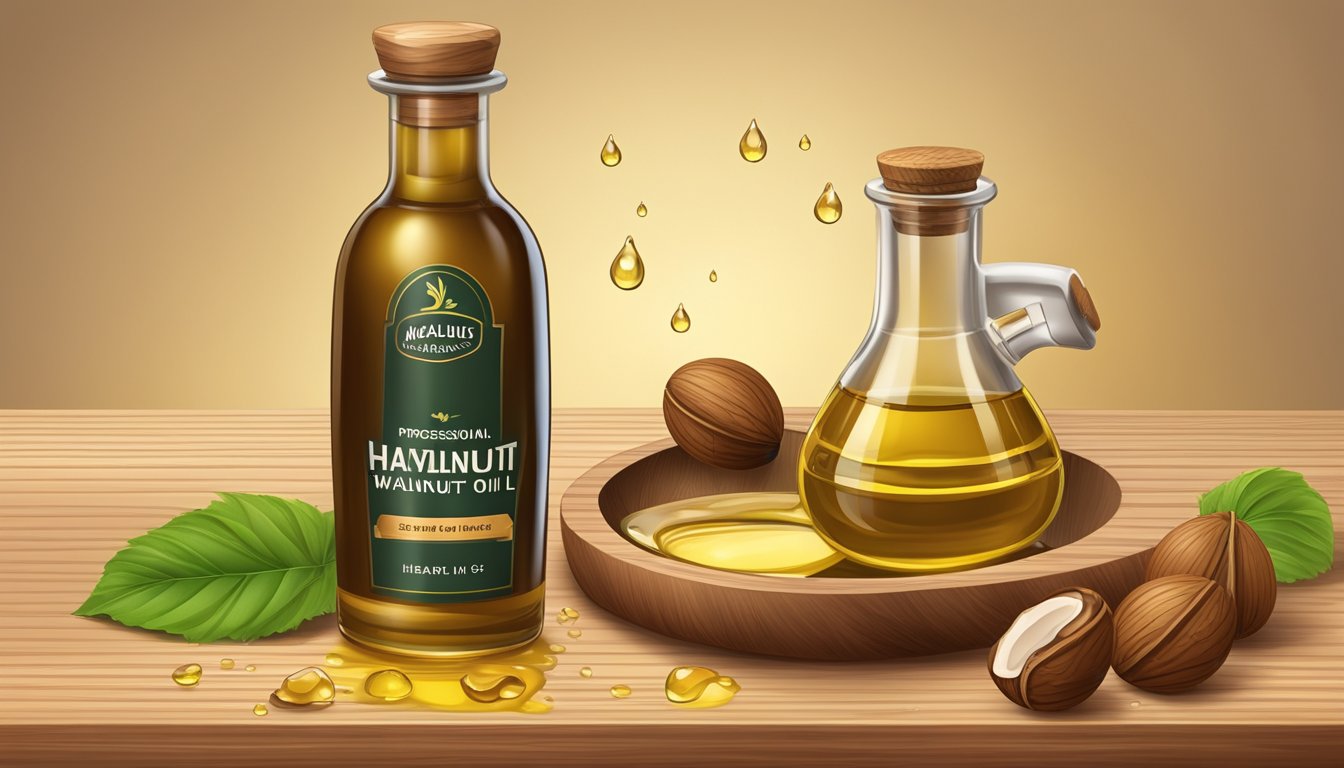 A bottle of hazelnut oil sits next to a bottle of walnut oil, both open with droplets falling from the spouts onto a wooden cutting board