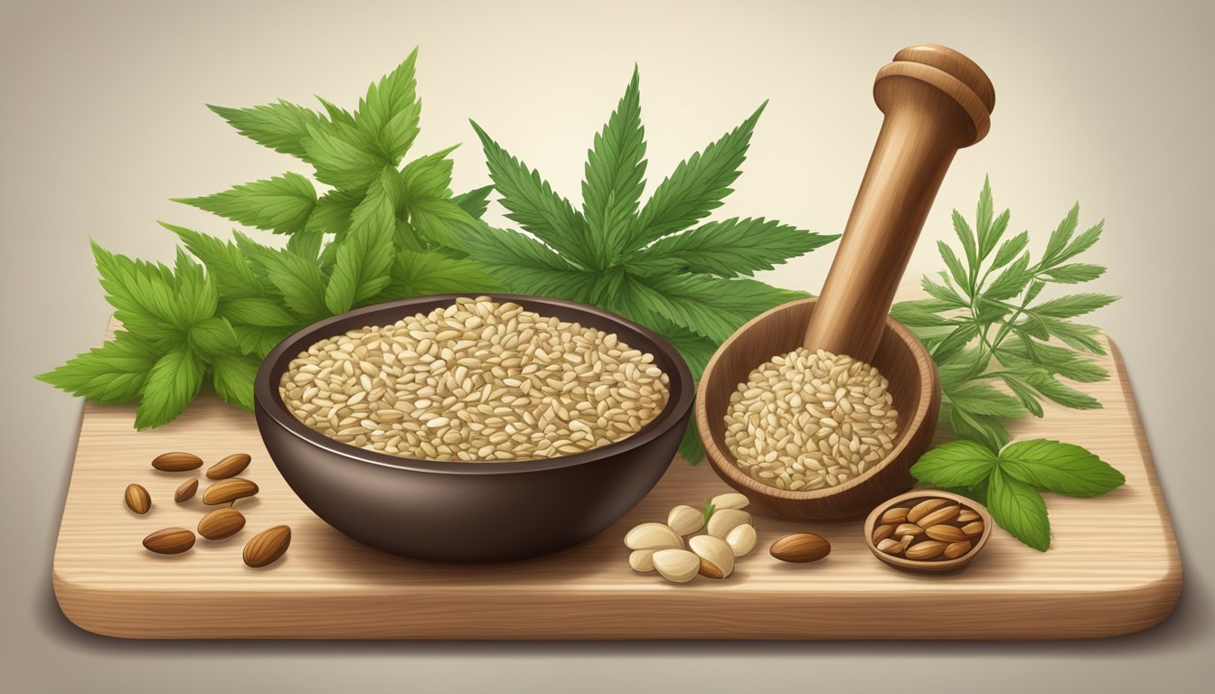 A bowl of hemp hearts and pine nuts on a wooden cutting board, surrounded by fresh herbs and a mortar and pestle