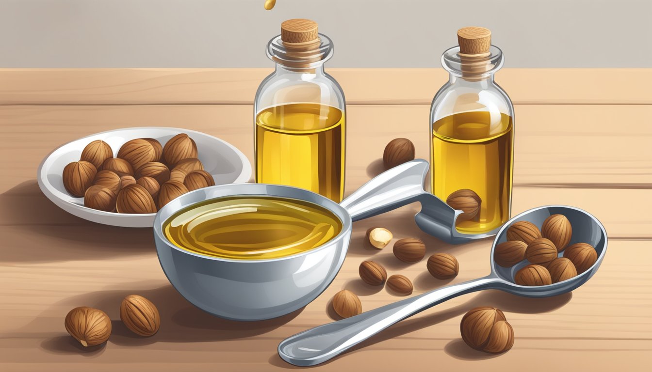 A person pouring hazelnut oil into a measuring spoon, with a bottle of walnut oil next to it